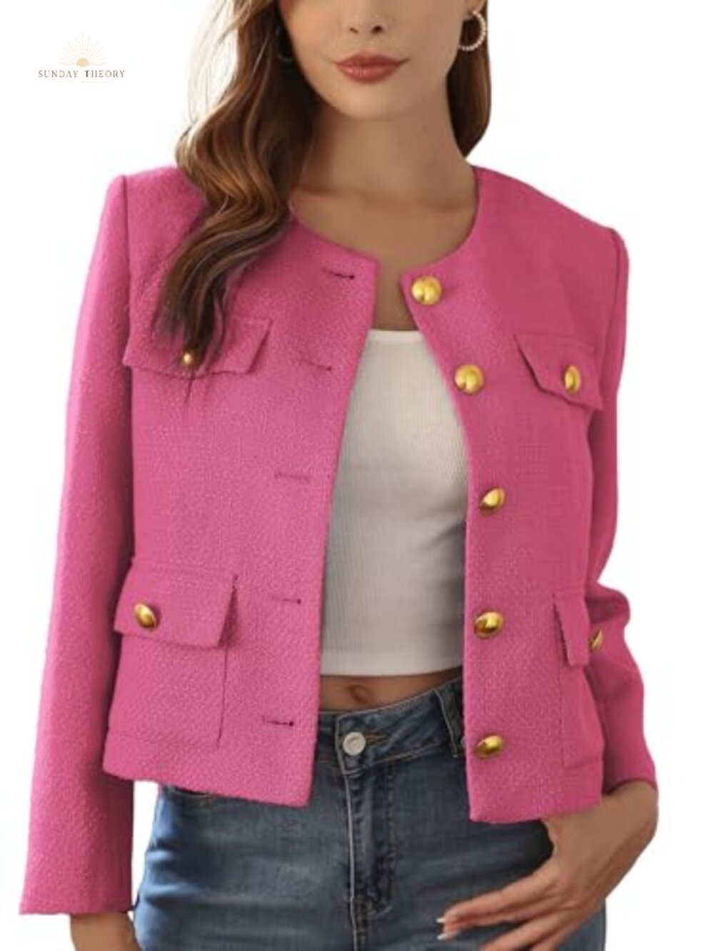 Cropped Tweed Blazer Collarless Gold-Tone Button Loose Fit Workwear